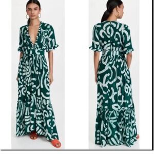 NWT Busayo Tomi green & white abstract batik print ruffle maxi dress Sz M